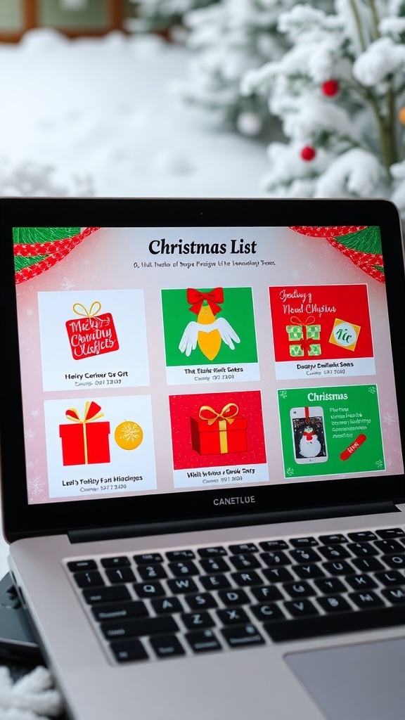 A laptop displaying a colorful Christmas list presentation with holiday gifts and festive designs.